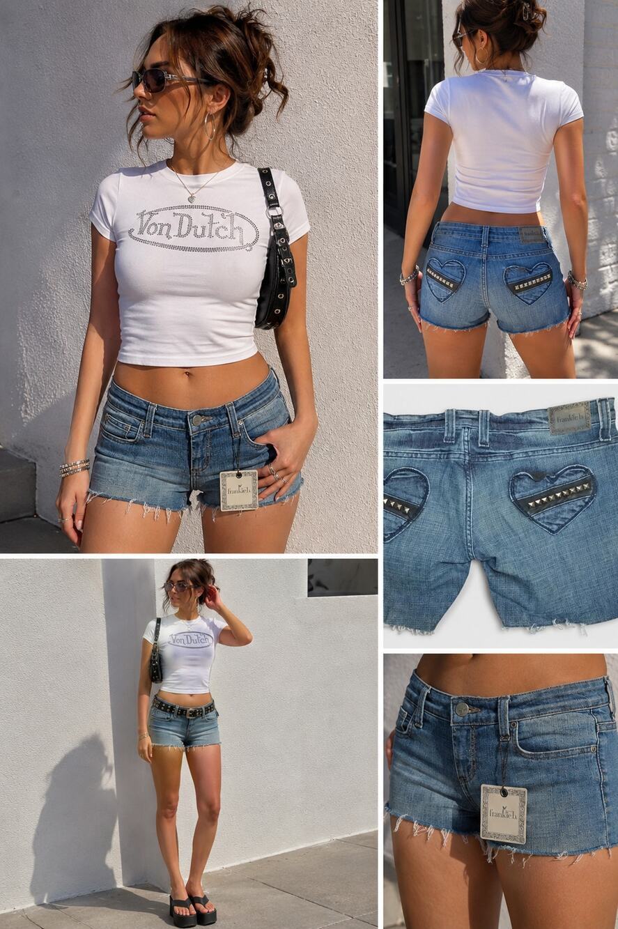 Frankie B Heart Pocket Denim Cutoff Shorts Y2K Low Rise Festival Size 10 NWT